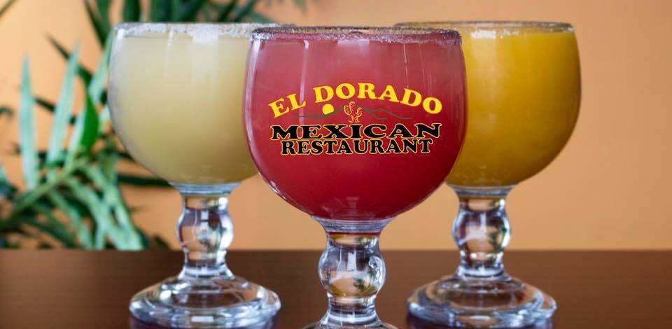 Lime, strawberry and mango margaritas in large El Dorado schooner glasses